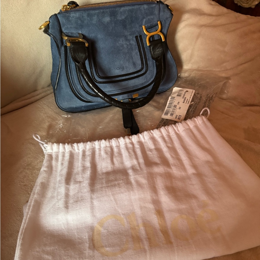 Brand new “CHLOE” Small Marcie Blue Suede Black Trim